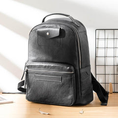 Black Fashion Mens Leather 15-inch Computer Backpacks Travel Backpacks Black College Backpack for men - imessengerbags