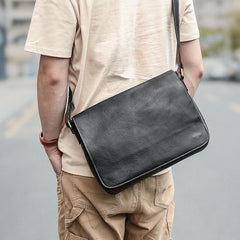 Casual Black Leather Mens 11 inches Courier Bags Messenger Bag Vintage Brown Postman Bags For Men - imessengerbags