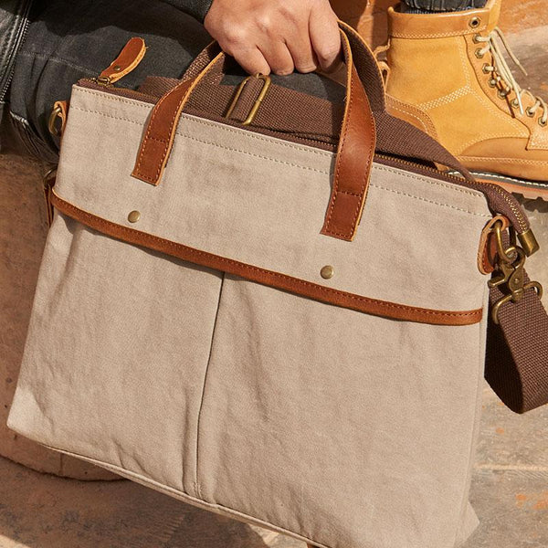 Mens Gray Canvas 14inch Briefcase Handbag Work Bag Business Bag for Men - imessengerbags
