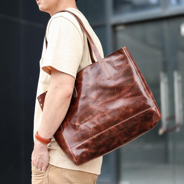 Vintage Brown Leather Men Womens Tote 15 inches Amber Brown Tote Bag Shoulder Tote Bag For Men - imessengerbags