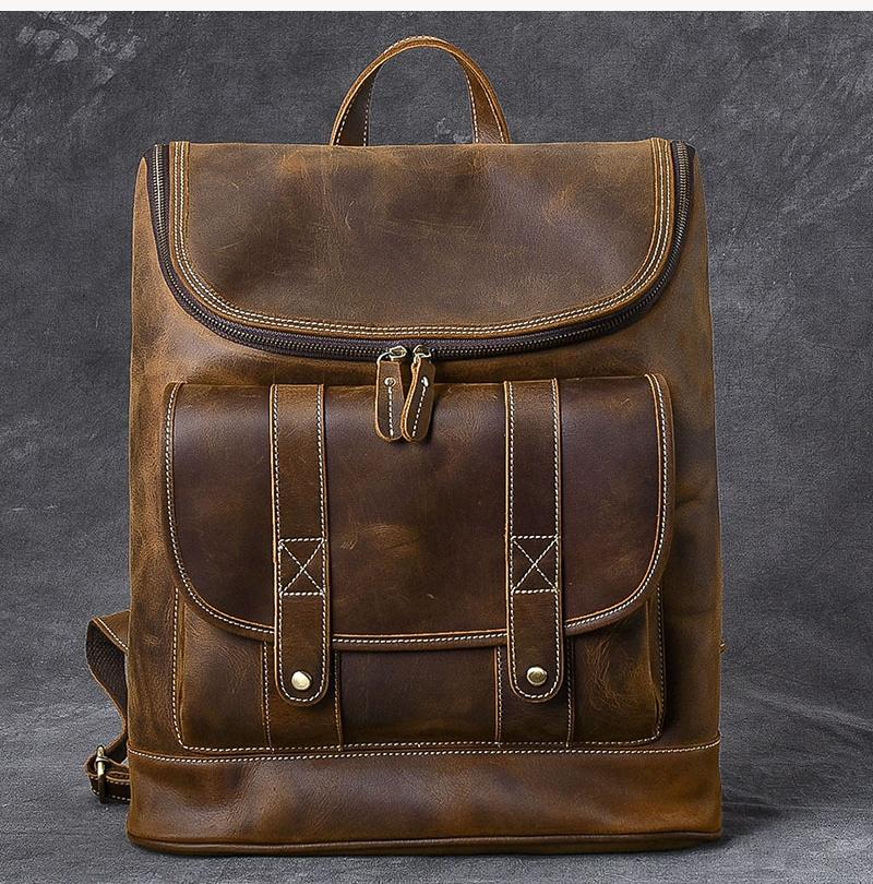 Cool Leather Mens 15" Retro Brown Hiking Backpack Travel Backpack Computer Backpack for Men - imessengerbags