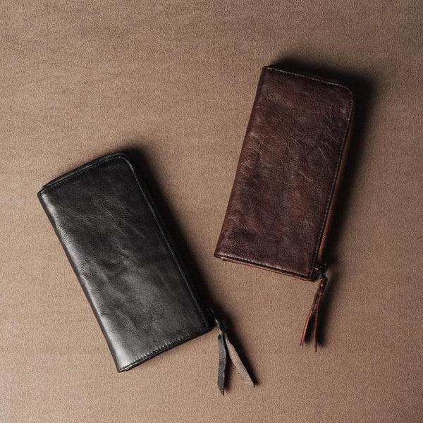 Genuine Leather Mens Cool Long Leather Wallet Cards Phone Zipper Clutch Wristlet Wallet for Men - imessengerbags