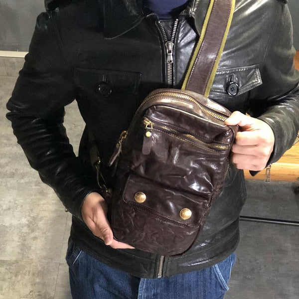 Genuine Leather Mens Cool Chest Bag Sling Bag Crossbody Bag Travel Bag Hiking Bag for men