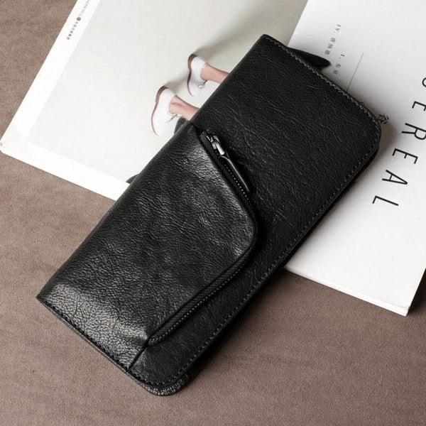 Genuine Leather Mens Cool Long Leather Wallet Cards Phone Zipper Clutch Wristlet Wallet for Men - imessengerbags