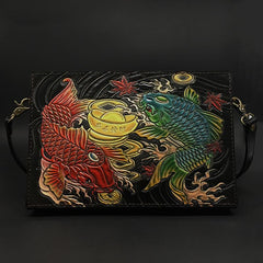 Handmade Black Tooled Double Carp Leather Messenger Bags Side Bag Clutch Wristlet Bag For Men