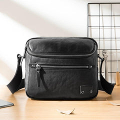 Casual Black Leather Mens 10 inches Postman Bag Black Courier Bag Messenger Bags Side Bag for Men