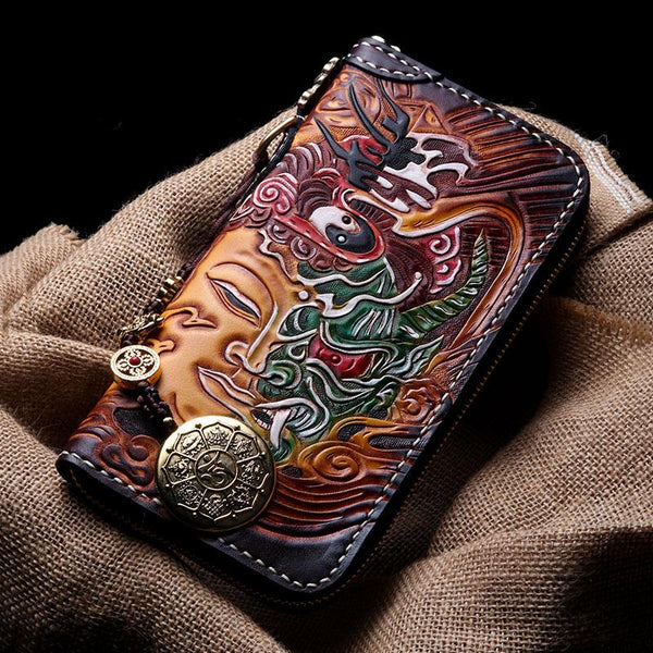 Handmade Leather Buddha&Demon Mens Chain Biker Wallet Cool Leather Wallet With Chain Wallets for Men - imessengerbags