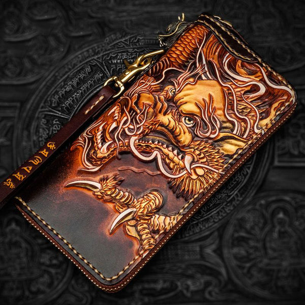 Handmade Leather Tooled Long Chinese Dragon Mens Chain Biker Wallet Cool Leather Wallet With Chain Wallets for Men - imessengerbags