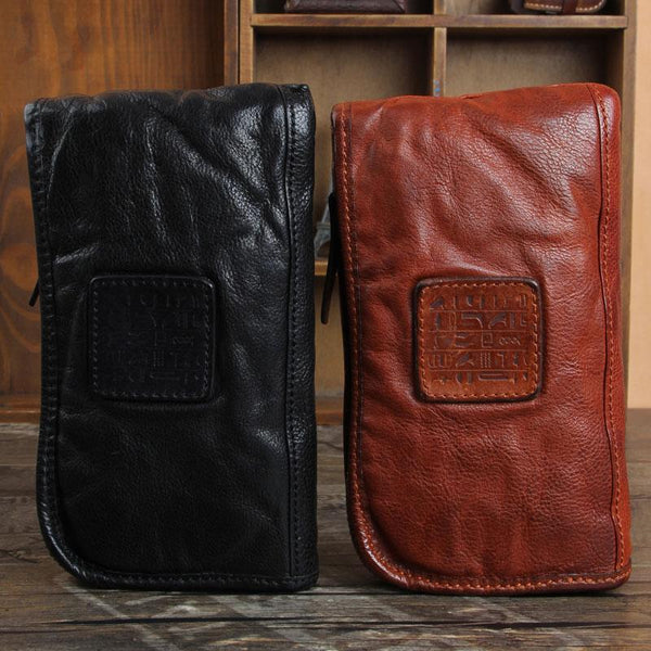 Genuine Leather Mens Cool Long Leather Wallet Cards Phone Zipper Clutch Wristlet Wallet for Men - imessengerbags
