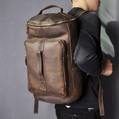 Vintage Mens Leather Barrel Backpack Barrel Travel Backpack Tan School Backpack For Men