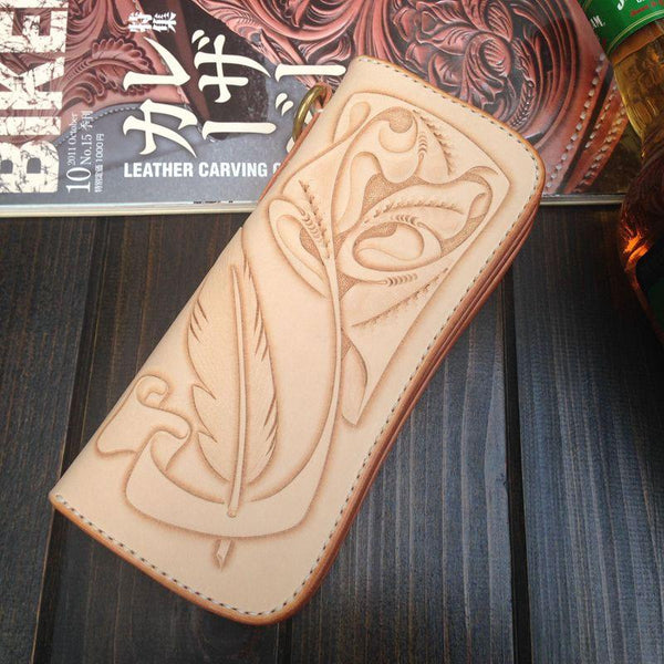 Handmade Leather Biker Wallet Tooled Floral Mens Cool Chain Wallet Trucker Wallet with Chain - imessengerbags