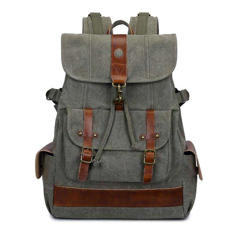 Canvas Leather Mens 15" Black Hiking Backpack Army Green Travel Backpack Blue College Backpack for Men - imessengerbags