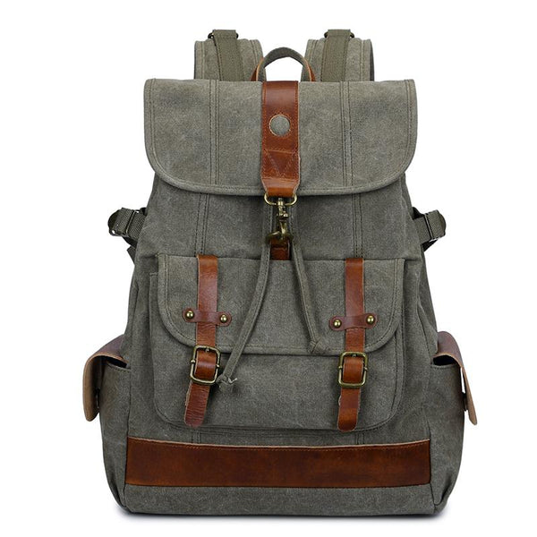 Canvas Leather Mens 15" Black Hiking Backpack Army Green Travel Backpack Blue College Backpack for Men - imessengerbags
