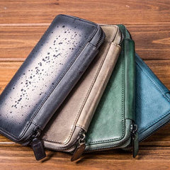 Handmade Leather Mens Cool Long Leather Wallet Bifold Zipper Clutch Wallet for Men