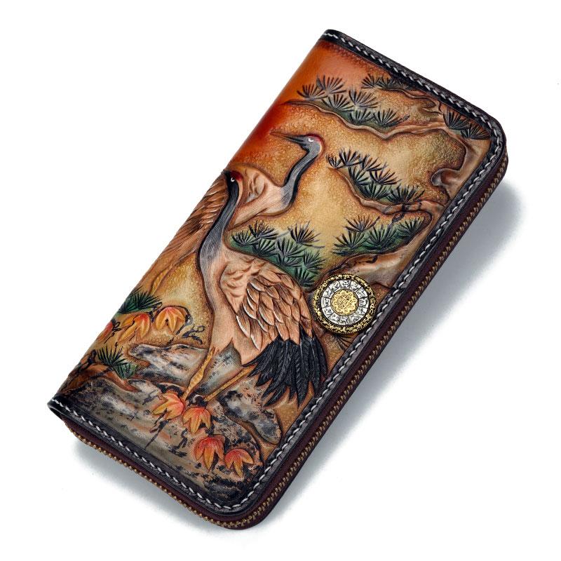 Handmade Leather Mens Clutch Wallet Cool Red-Crowned Crane Tooled Wallet Long Zipper Wallets for Men - imessengerbags