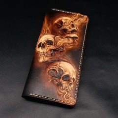 Dark Coffee Handmade Tooled Three Skulls Leather Mens Long Wallet Bifold Clutch For Men - imessengerbags