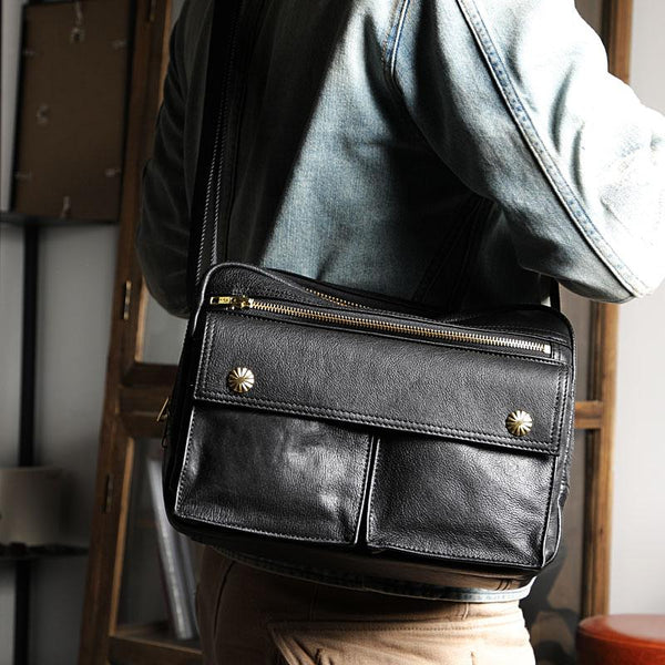 Black Genuine Leather Mens Cool Small Side Bag Messenger Bag Black Courier Bag for Men - imessengerbags