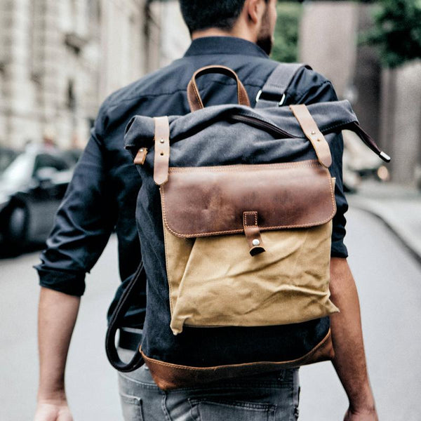 Cool Canvas Leather Mens Large Waterproof Green Backpack Travel Backpack Black Computer Backpack for Men - imessengerbags