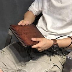 Handmade Black Leather Mens Bifold Wristlet Wallet Brown Clutch Wallet IPAD Bag Clutch Purse Men