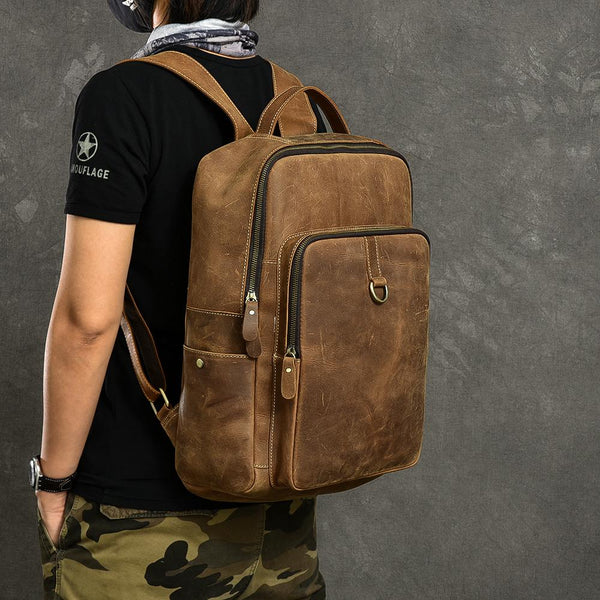 Cool Leather Mens 15" Retro Brown Hiking Backpack Travel Backpack College Backpack for Men - imessengerbags