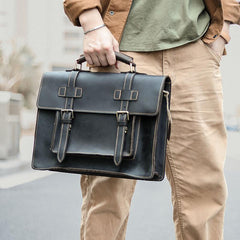 Vintage Black Mens Leather Briefcases Work Handbags Brown 14'' Computer Briefcase For Men - imessengerbags