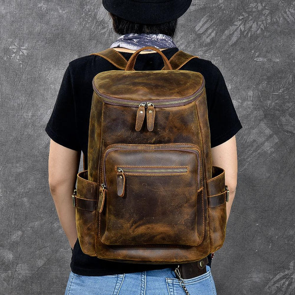 Brown Leather Mens 14" Laptop Large Backpack Hiking Backpack Travel Backpack College Bag for Men - imessengerbags