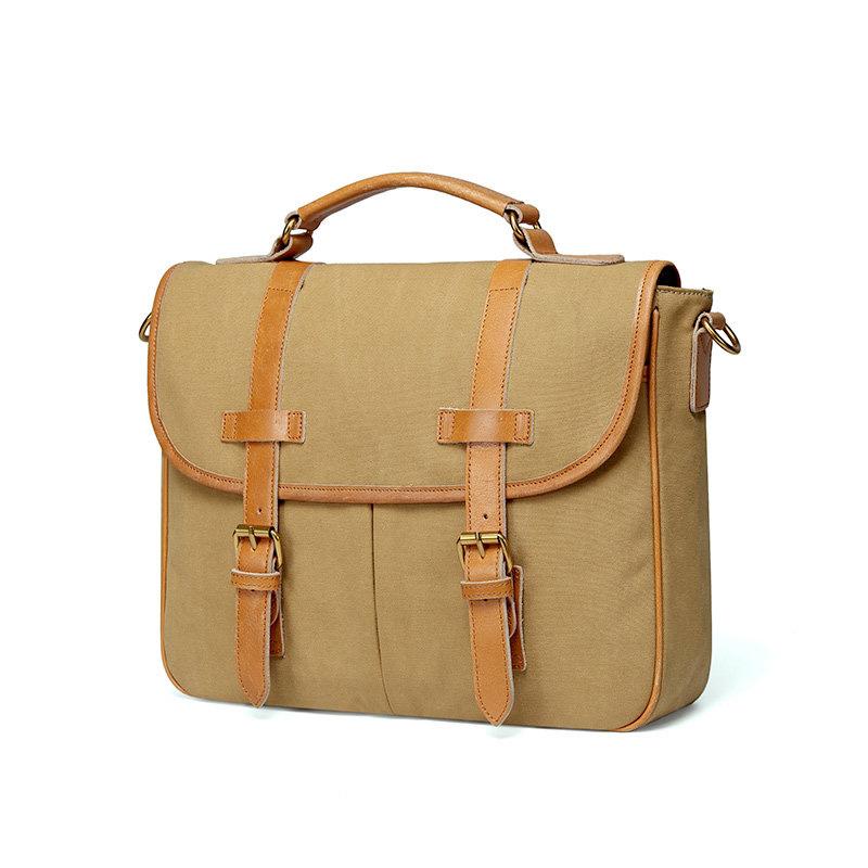 Khaki Canvas Leather Mens Casual Briefcase Shoulder Bag Messenger Bags Casual Courier Bags for Men