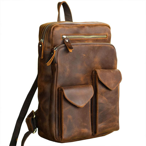 Cool Brown Leather Mens 14" Laptop Backpack Hiking Backpack Travel Backpack College Bag for Men - imessengerbags