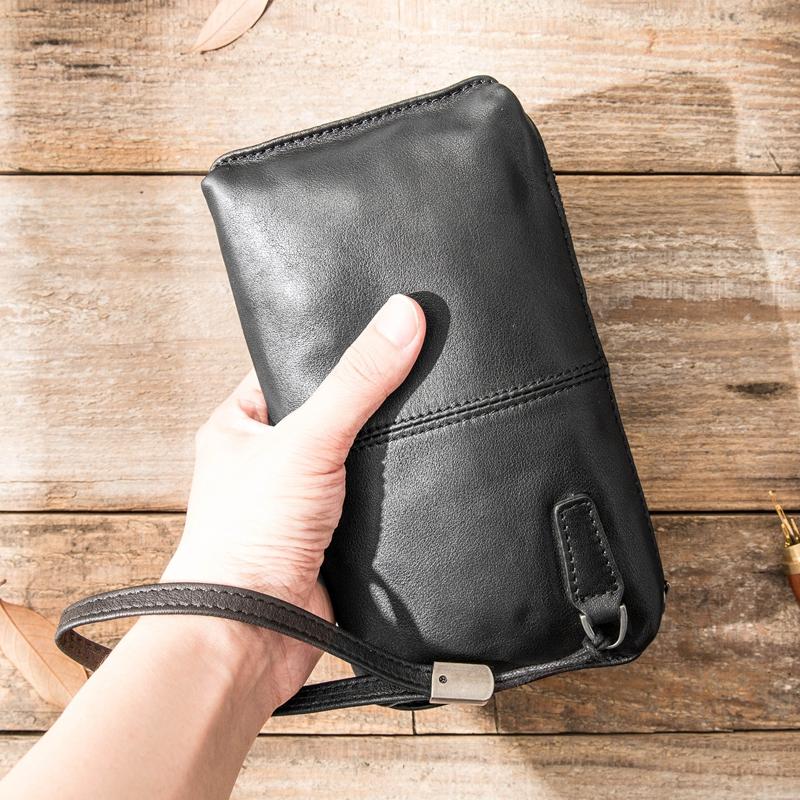 Black Leather Mens Long Zipper Clutch Wallet Wristlet Bag Long Wallet Phone Purse for Men - imessengerbags