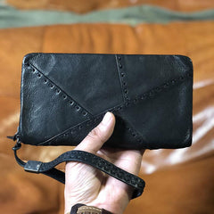 Handmade Genuine Leather Mens Cool Long Leather Wallet Biker Wallet Zipper Clutch Wristlet Wallet for Men - imessengerbags