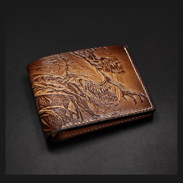 Handmade Leather Tooled Alien Mens billfold Wallet Cool Leather Wallet Slim Wallet for Men - imessengerbags