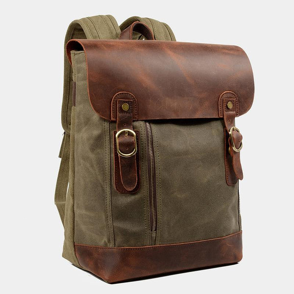 Waxed Canvas Leather Mens 14'' Waterproof Black School Backpack Green Travel Backpack for Men - imessengerbags