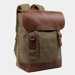 Waxed Canvas Leather Mens 14'' Waterproof Black School Backpack Green Travel Backpack for Men - imessengerbags