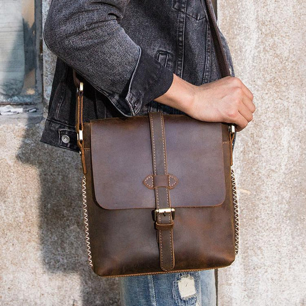 Dark Brown Casual Leather Mens 10 inches Vertical Side Bag Postman Bag Brown Messenger Bag Courier Bag for Men