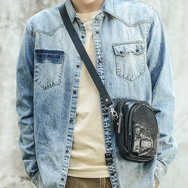 CASUAL BLACK LEATHER MEN'S MIni Vertical Side Bags MESSENGER BAG BLACK Belt Bag Blet Pouch FOR MEN - imessengerbags
