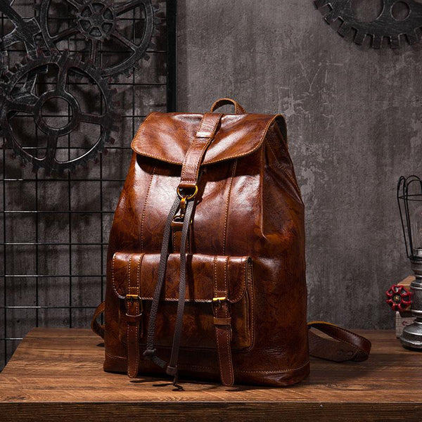 Coffee Cool Mens Leather Backpack Travel Backpacks Leather Hiking Backpack for Men - imessengerbags