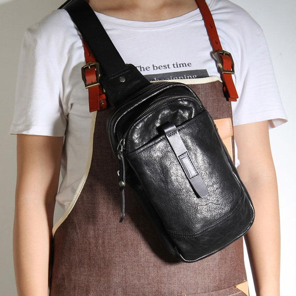 Genuine Leather Mens Cool Chest Bag Sling Bag Crossbody Bag Travel Bag Hiking Bag for men