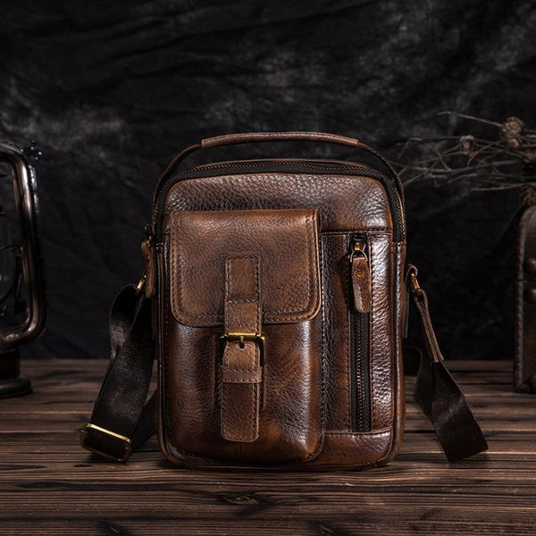 Dark Brown Leather Small Zipper Messenger Bag Vertical Side Bag
