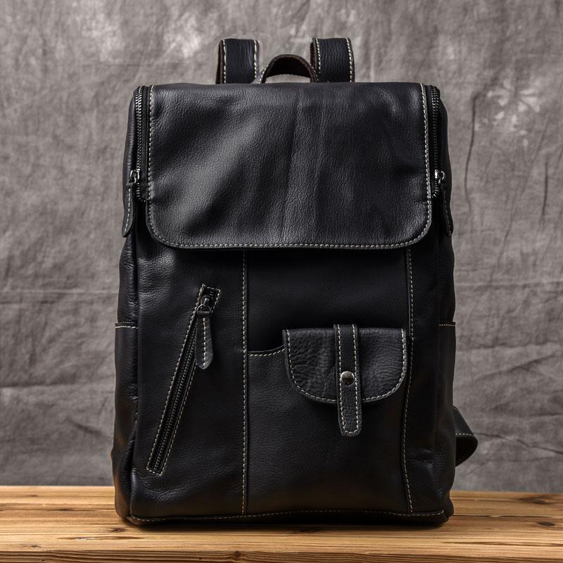 Black Leather Mens 14" Laptop Backpack Backpack Travel Backpack College Backpack for Men - imessengerbags