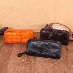 Vintage Brown Leather Men's Clutch Long Wallet Zipper Black Wristlet Wallet For Men - imessengerbags