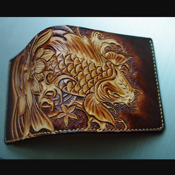 Handmade Leather Carp Tooled Mens billfold Wallet Cool Slim Wallet Biker Wallet for Men - imessengerbags