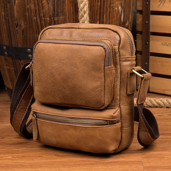 Cool Khaki Leather 10 inches Vertical Side Bag Messenger Bag Tan Courier Bag for Men - imessengerbags