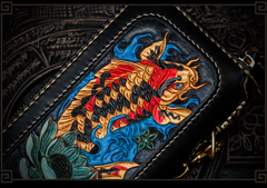 Handmade Leather Tooled Carp Mens Chain Biker Wallet Cool Leather Wallet Long Phone Wallets for Men
