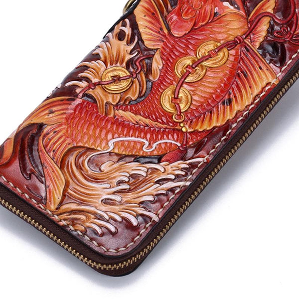 Handmade Leather Carp Mens Chain Zipper Biker Wallet Cool Leather Wallet Long Phone Wallets for Men - imessengerbags