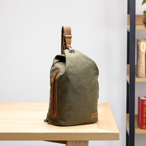 Canvas Leather Mens White Chest Bag One Shoulder Backpack Green Sling Bag for Men - imessengerbags