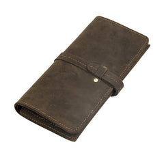 Coffee Leather Long Wallet for Men Checkbook Wallet Bifold Long Wallet With Coin Pocket For Men - imessengerbags