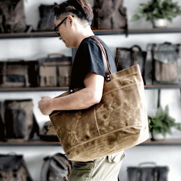 Waxed Canvas Leather Womens Mens Large Pink Tote Bag Shoulder Bag Black Tote Purse For Women - imessengerbags