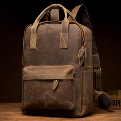 Cool Brown Mens Leather 15-inch Work Backpack Handbag Travel Backpack Computer Backpack for Men - imessengerbags