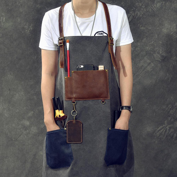 Canvas Leather Mens Womens Blue Craftsman Apron Cafe Staff Apron Work Apron for Men - imessengerbags