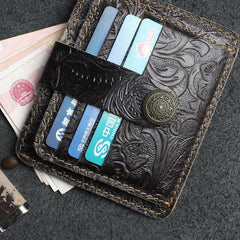 Handmade Leather Floral Mens Cool Front Pocket Wallet Short Wallet Card Holder Small Card Slim Wallets for Men